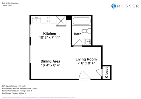 Floor plan for studio, 1 bath, 296 sqft